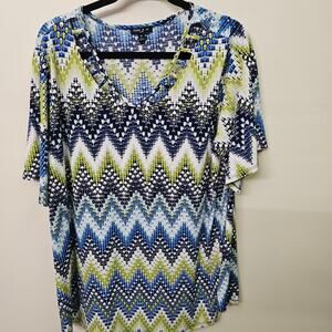 Sami & Jo Blue Green Soft Chevron Print Short Sleeve Blouse Size 2X Boho Stretch
